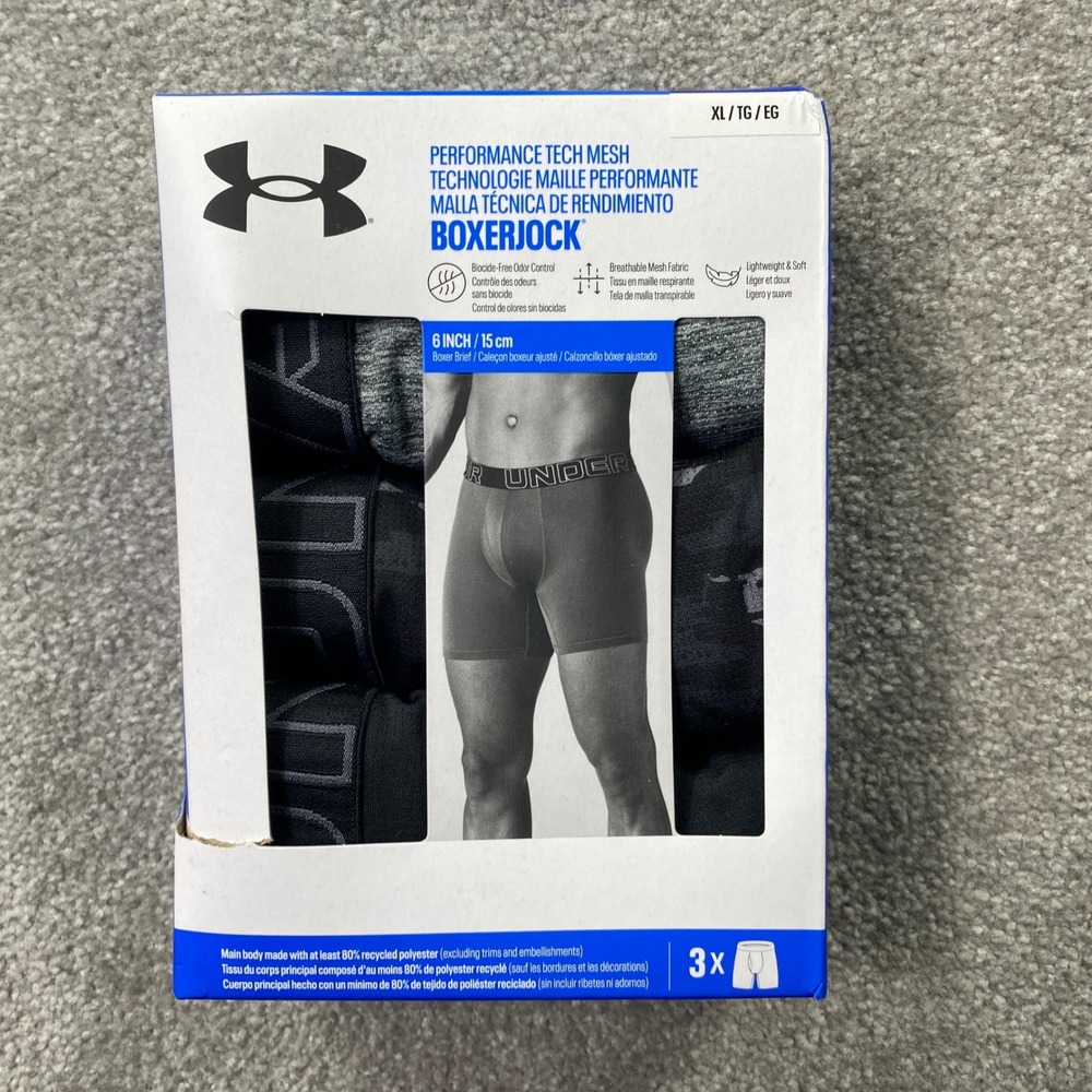 Under Armour Boxerjock Boxer Briefs Mens XL Black Grey 6 Inch Inseam 3-Pack
